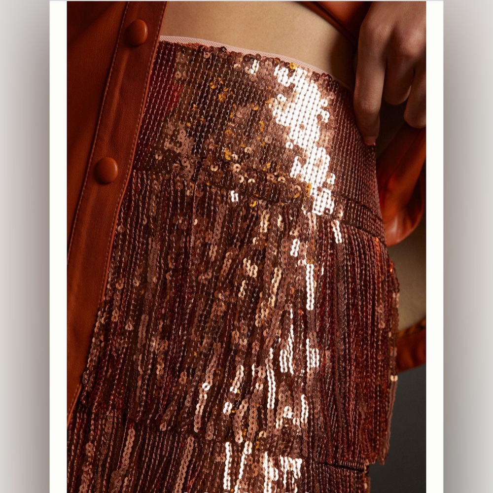 ANTHROPOLOGIE - Maeve Rose Gold Sequined Fringed Mini Skirt NWT Size 10
